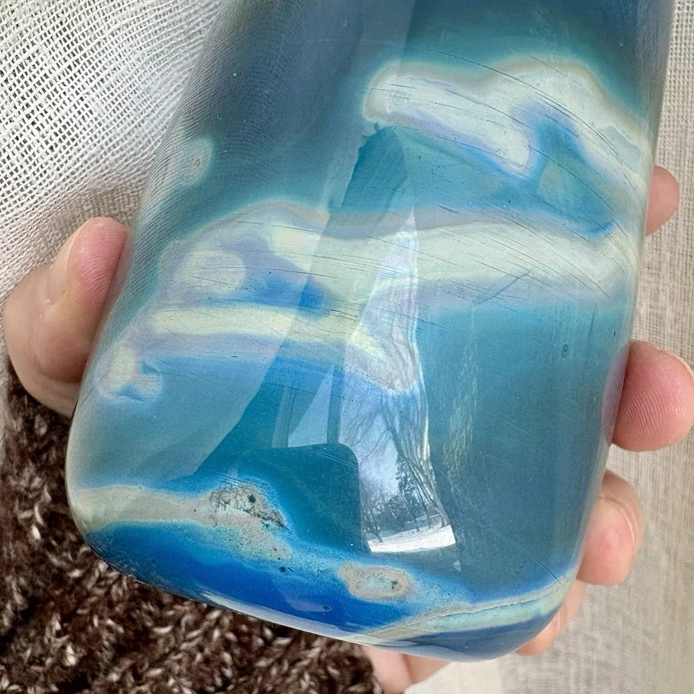 Stunning Hand Blown Art Glass Tumbler Set Of 2 | Blue Green‎ White Swirl | Heavy